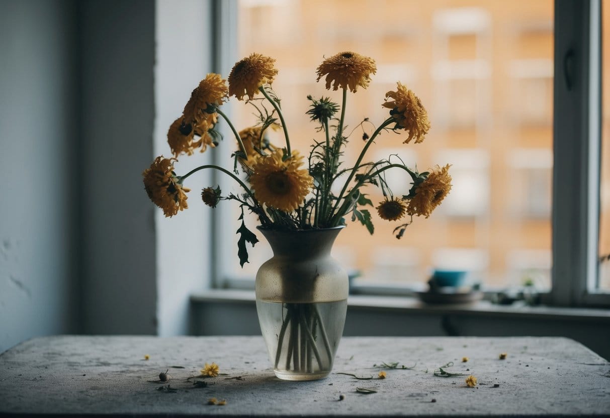 En vase med visnende blomster står på et støvet bord udtørrede og hængende fra forsømmelse