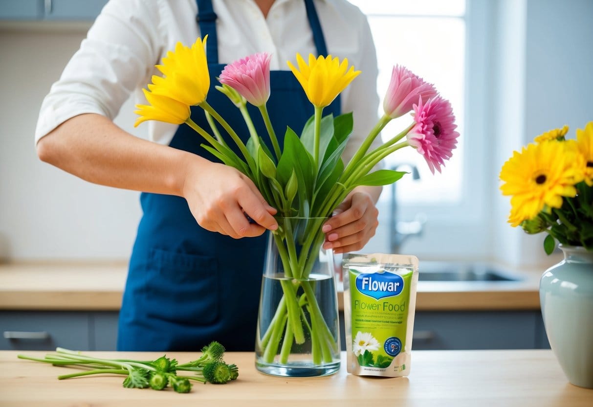 En person trimmer omhyggeligt stilkene af friske blomster og placerer dem i en vase fyldt med rent vand og en pakke blomsterernæring for at sikre at de vil holde længere